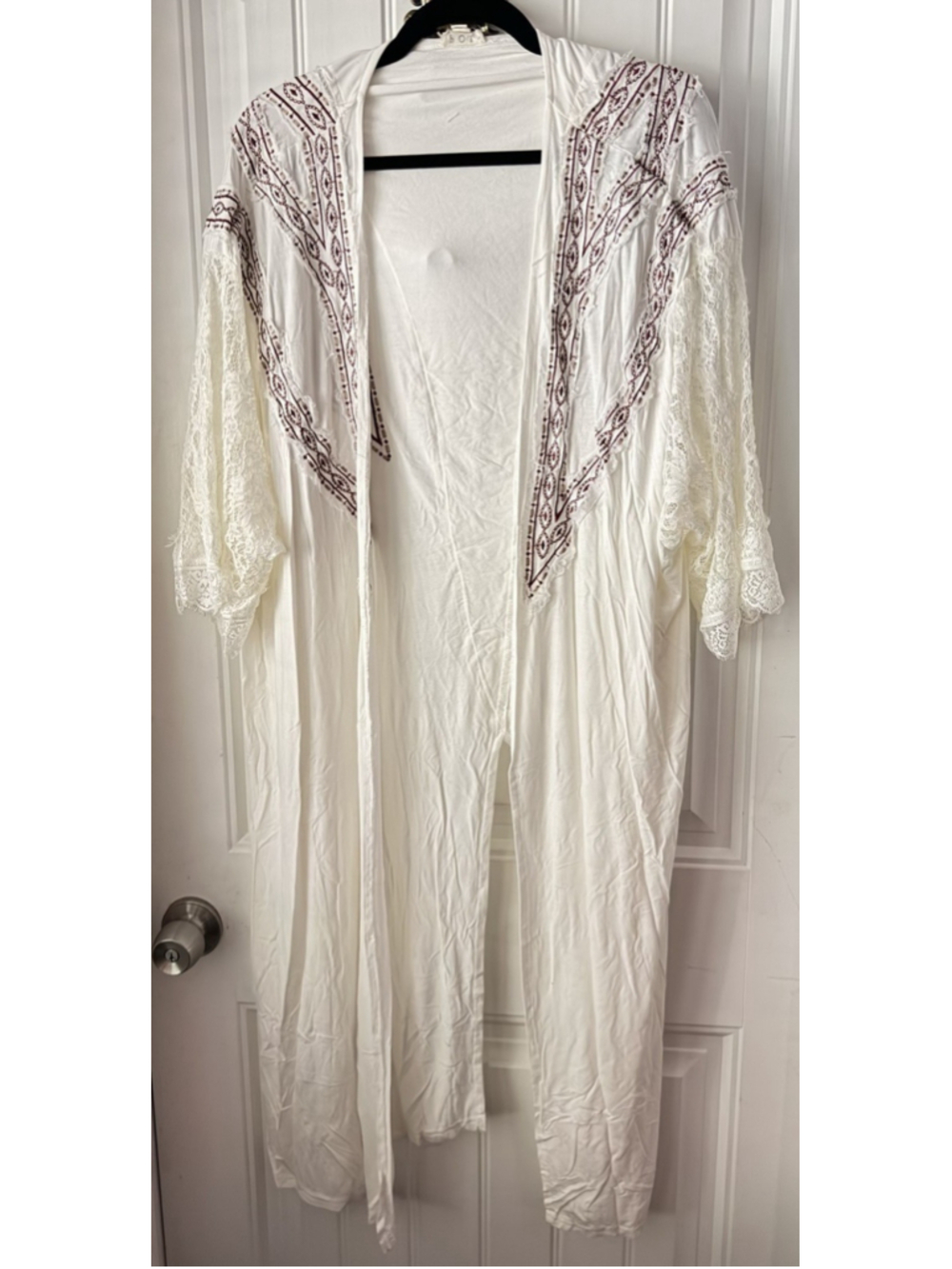 POL Women's Large Ivory Boho Duster Cardigan Lace Embroidered Open Front Long
